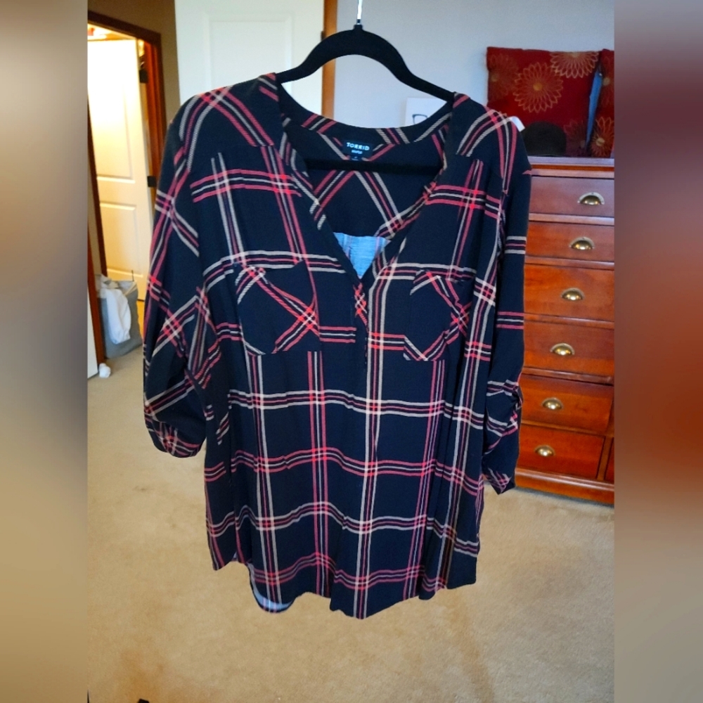 Torrid Harper Plaid Roll Tab Sleeve Blouse